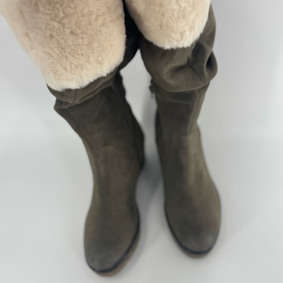 Vintage Foundry Co Arabella Green Suede Sherpa Trim Tall Wedge Boots Women’s 10 - Picture 8 of 10